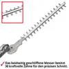 A close-up view of a hedge trimmer's cutting head and part of its shaft, set against a white background. A small inset image shows a detail of the blades. Produktbild-Vorschau