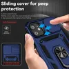 A hand is holding a blue phone case with a sliding camera cover and a ring holder. The background is dark and textured. Produktbild-Vorschau