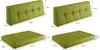 Four images showing different sizes and orientations of green cushions, with dimensions indicated. Produktbild-Vorschau