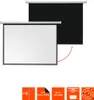 A projection screen is shown in both its extended and retracted states, with icons below highlighting its features. Produktbild-Vorschau