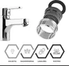 A faucet and a disassembled faucet aerator are shown, with four hexagonal icons below illustrating product features. Produktbild-Vorschau