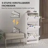 A white shoe cabinet with three flip-down drawers is shown in a hallway next to a bench. The cabinet is filled with shoes. An illustration on the wall shows how the shelves can be adjusted. Produktbild-Vorschau