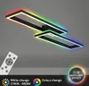 A modern, rectangular ceiling light fixture with integrated RGB lighting, shown with a remote control and feature callouts. Produktbild-Vorschau