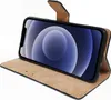 A black flip-style phone case with a brown interior, holding a smartphone. Produktbild-Vorschau