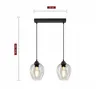 A black metal pendant light fixture with two clear glass shades, each containing a light bulb. Dimensions are indicated by text overlays. Náhled obrázku produktu