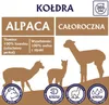 Marketing image for an alpaca duvet, showing illustrations of alpacas and text detailing product features. Produktbild-Vorschau