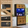 A collage of images showcasing a kitchen cabinet with features like reinforced countertop, aluminum alloy handles, anti-tip safety accessories, and adjustable shelves. The main image shows the kitchen cabinet with LED lighting. Náhled obrázku produktu