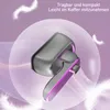 A modern, compact steam iron with a pink illuminated accent is shown on a light purple background with abstract swirling patterns and white feathers. Produktbild-Vorschau