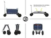 A collage of four images showing a blue foldable wagon from different angles, including its folded and unfolded states, and a close-up of its handle. Produktbild-Vorschau