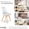 A collage of images showcasing a white chair in different room settings, with text highlighting its features and brand. Náhled obrázku produktu