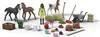 A collection of toy farm animals and accessories, including horses, a girl figurine, hay bales, a wheelbarrow, and various tools. Produktbild-Vorschau