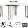 A white gazebo with black metal frame and side panels, shown on a white background. Several small circular diagrams are displayed below the gazebo, illustrating features and components. Anteprima dell’immagine prodotto