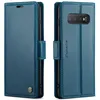 A blue leather wallet-style phone case for a Samsung Galaxy S10 is shown from two angles. Produktbild-Vorschau