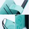 Collage of close-up shots of a teal book-style phone case with embossed owl and dreamcatcher designs. Náhled obrázku produktu
