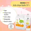 A marketing image for Microactiv liquid citric acid, showing product bottles and highlighting key features. Produktbild-Vorschau
