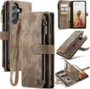 Collage of a brown leather wallet-style phone case for a Samsung Galaxy S24 FE, showing different angles and features. Produktbild-Vorschau