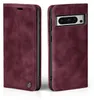 A burgundy flip case for a Google Pixel 8 Pro phone, shown from the front and back. Produktbild-Vorschau