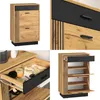 A collage of images showing a wooden shoe cabinet with black accents, including close-ups of drawers and shelves. Produktbild-Vorschau