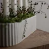 A close-up of a white ribbed candle holder filled with moss and greenery, with white candles and delicate branches emerging from it. The holder sits on a wooden surface. Produktbild-Vorschau