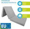 A gray foldable mattress is shown with text overlays and icons highlighting product features. A "Made in EU" logo is present in the bottom left corner. Produktbild-Vorschau