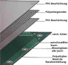 Diagram showing the layered construction of a PVC-coated polyester fabric, likely for a tarp or cover. Produktbild-Vorschau