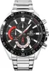 A close-up studio shot of a Casio Edifice chronograph watch with a black dial, silver stainless steel bracelet, and red accents. Voir les images du produit
