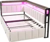 A modern bed frame with upholstered headboard and footboard, featuring built-in LED lighting and a slatted mattress support system. Produktbild-Vorschau