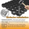 A close-up of a black honeycomb-like grid structure, likely for ground stabilization, with a hand holding a rubber mallet and a metal rod being inserted into one of the cells. Text overlays provide installation instructions. Produktbild-Vorschau
