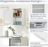 A collage of images showcasing a white wall-mounted cabinet with its features highlighted. Produktbild-Vorschau