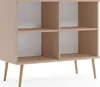 A minimalist, Scandinavian-style sideboard with four open compartments and wooden legs, presented against a white background. Produktbild-Vorschau