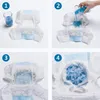 A four-panel image demonstrating the absorbency of a dog diaper. Produktbild-Vorschau