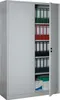 A metal filing cabinet with its right door open, revealing shelves filled with binders and boxes. Produktbild-Vorschau