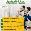 A family is sitting on a couch in a living room, with a radiator in the background. Yellow banners with text and icons are overlaid on the image. Produktbild-Vorschau