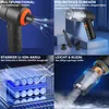 A collage of four images showcasing a mini vacuum cleaner and its features. Produktbild-Vorschau