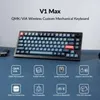 A black and gray mechanical keyboard is shown on a blue surface, with text and icons above and below it. Produktbild-Vorschau