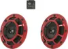 A product shot of two red car horns and a black relay, isolated on a white background. Podgląd zdjęcia produktu