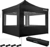 A black pop-up gazebo with transparent windows, shown outdoors with accessories like stakes and ropes, and a carrying bag. Produktbild-Vorschau