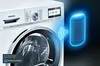 A Siemens washing machine is shown connected to a smart speaker via a glowing blue Wi-Fi signal. The Home Connect app logo is visible in the bottom left corner. Produktbild-Vorschau