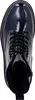 A top-down view of a single blue patent leather boot with black laces. Produktbild-Vorschau