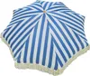 A close-up, overhead view of a blue and white striped beach umbrella with fringe. Produktbild-Vorschau