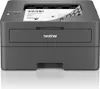 A front view of a Brother laser printer with a piece of paper partially printed and sticking out of the top. Produktbild-Vorschau