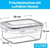 A clear plastic food storage container with dimensions labeled. Produktbild-Vorschau