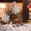 Christmas decorations with snowflakes hanging in front of a Christmas tree. Anteprima dell’immagine prodotto