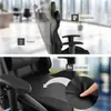 A split image showing details of a black gaming chair, with close-ups of its features and text overlays. Produktbild-Vorschau