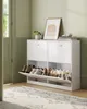 A white shoe cabinet filled with shoes in a room with light green walls and a patterned rug. Náhled obrázku produktu