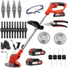 A collection of cordless grass trimmer accessories and parts, including batteries, blades, safety glasses, and shears, arranged on a white background. Produktbild-Vorschau