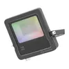 A black LED floodlight with a multicolored light panel is shown against a white background. Produktbild-Vorschau