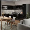 A modern kitchen and dining area with black high-gloss cabinets, a wooden dining table, and chairs. Náhled obrázku produktu