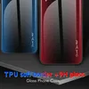Two phone cases, one blue and one red, are shown with a gradient effect and a textured pattern. Text overlays describe the product features. Produktbild-Vorschau
