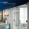 A modern bathroom with a shower and vanity, featuring Tecuro branding and text. Produktbild-Vorschau